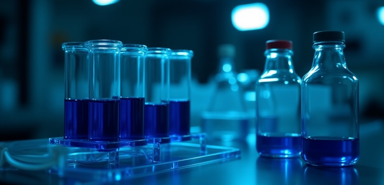 Laboratoryjne probówki z niebieskim płynem na metalicznym tle, oświetlone ostrym światłem LED, symbolizujące badania nad lekiem